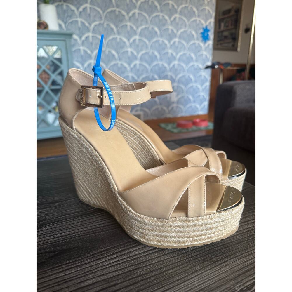 NWOT Jimmy Choo Beige Patent Leather Ankle Strap Wedges Sz. 41